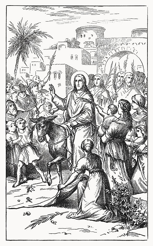 耶稣进入耶路撒冷(马太福音21,8 -9)，木刻，1898年出版